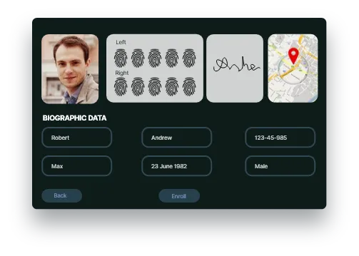 Face, fingerprint, signature, and location for biometric enrollment