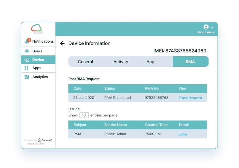 Preventive maintenance and return management screens on CredenceCONNECT