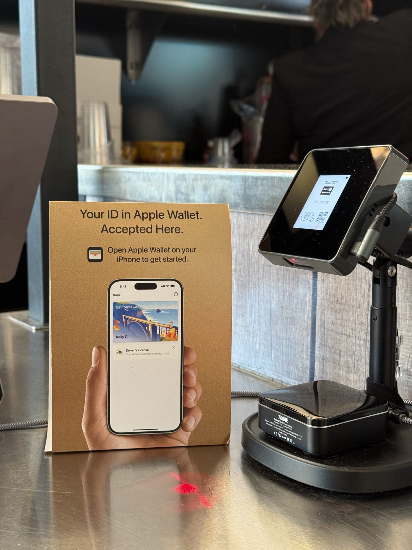 Tap2iD Verifier and Apple Wallet signage at BMO Stadium concession stand
