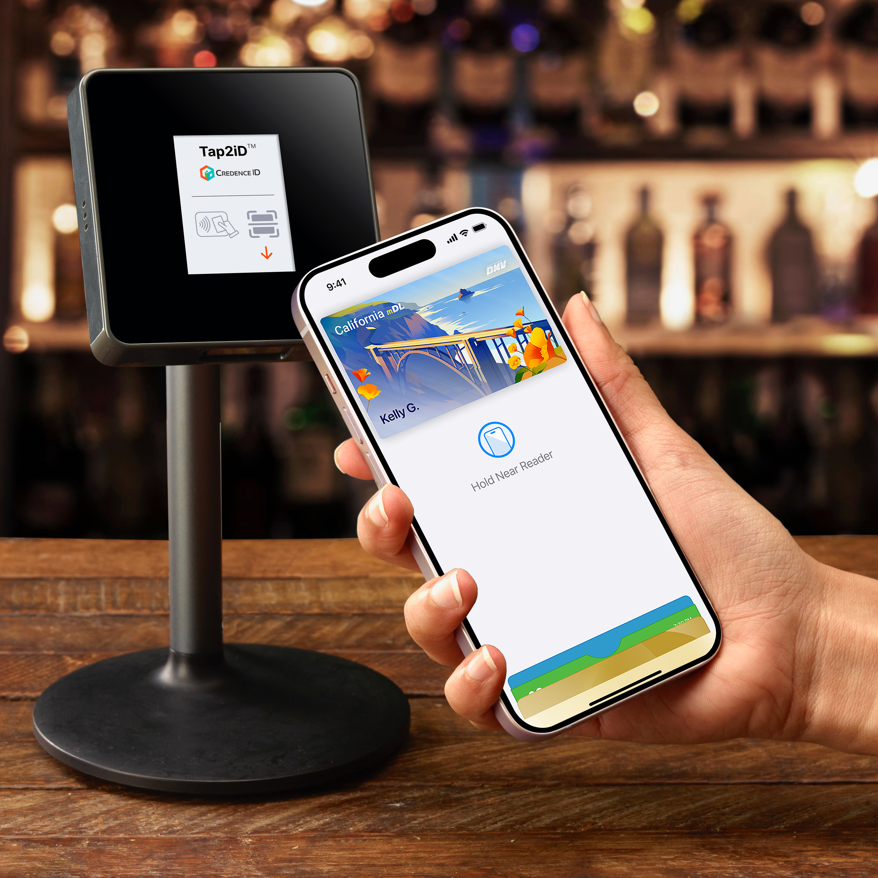Tap2iD Verifier with iPhone showing California mobile driver's license
