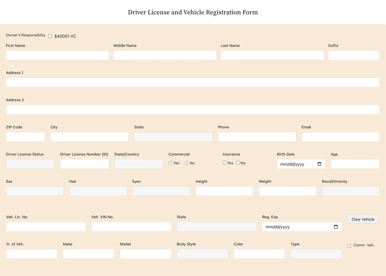 Driver license and vehicle registration form an officer fills in by hand during a traffic stop